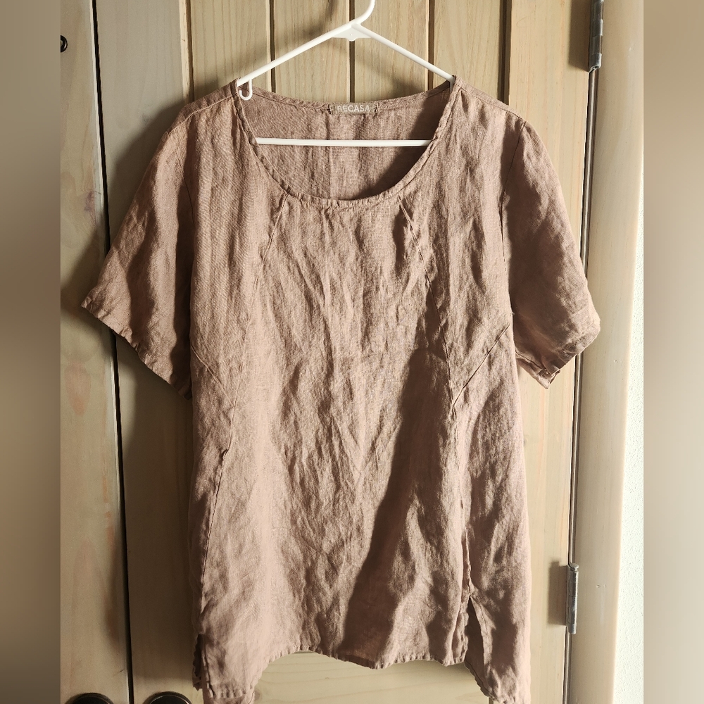 Becasa Women's 100% Linen Lagenlook Taupe Blouse Size Large